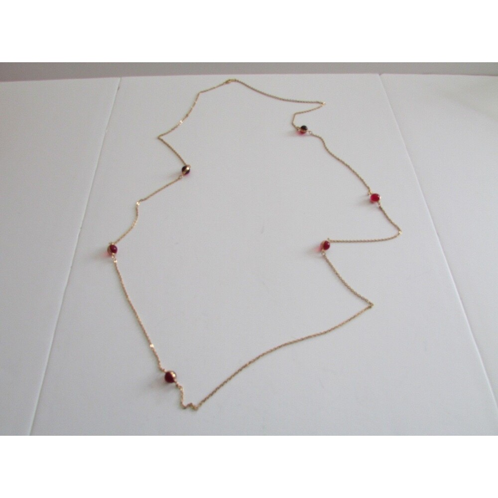 Vintage Avon Gold Tone Red Glass Bead Station Necklace Long Layering Chain 45”